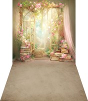 Tło fotograficzne winylowe wiosenne z kwiatami, książkami i oknem wsn056