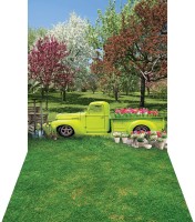 Tło fotograficzne winylowe wiosenne z zielonym samochodem wsn055