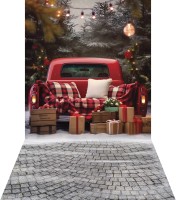 Świąteczne tło fotograficzne z podłogą z czerwonym samochodem i prezentami sw233
