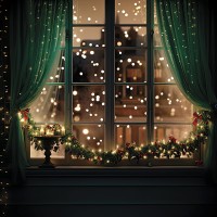 Ścianka okno z zielonymi zasłonami SW287