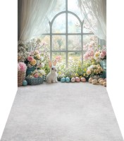 Wielkanocne  tło fotograficzne okno z króliczkami i pisankami wlkn102