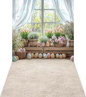 Wielkanocne  tło fotograficzne okno z króliczkami i pisankami wlkn103