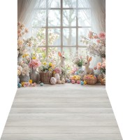 Wielkanocne tło fotograficzne okno z króliczkami i pisankami wlkn104