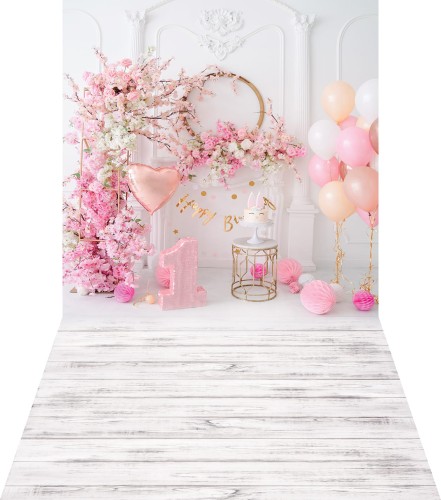 Urodzinowe tło fotograficzne z kominkiem i różowymi balonami brd066