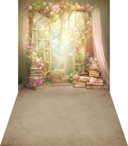 Tło fotograficzne winylowe wiosenne z kwiatami, książkami i oknem wsn056