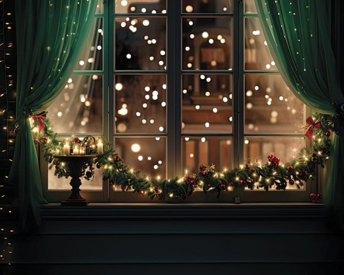 Tło fotograficzne okno z zielonymi zasłonami SW287