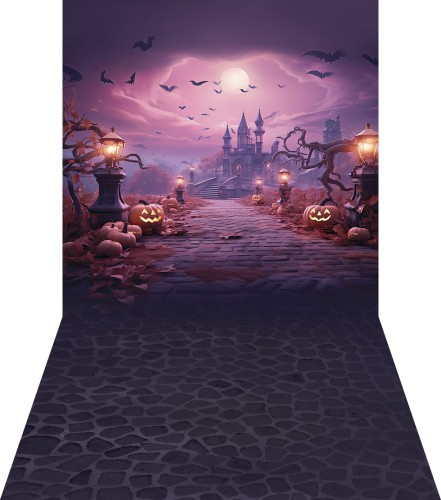 Tło halloweenowe z dyniami i zamkiem HA050