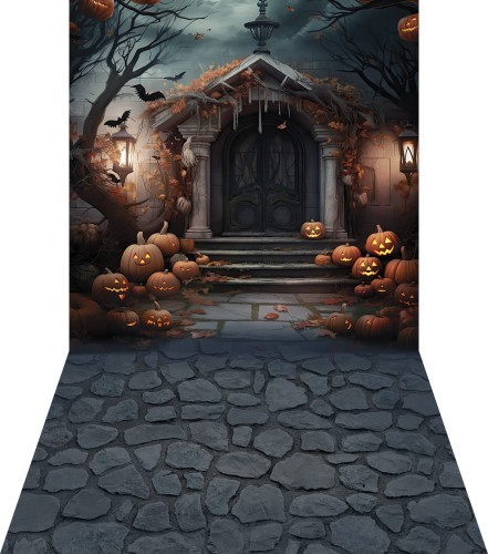 Tło na halloween ze starymi drzwiami i dyniami HA052