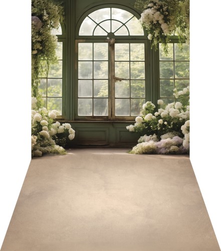 Kwiatowe tło winylowe wiosenne boho z oknem wsn071