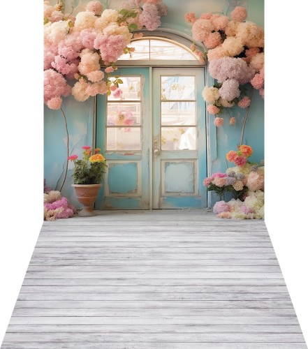 Winylowe tło wiosenne z drzwiami i kwiatami wsn075