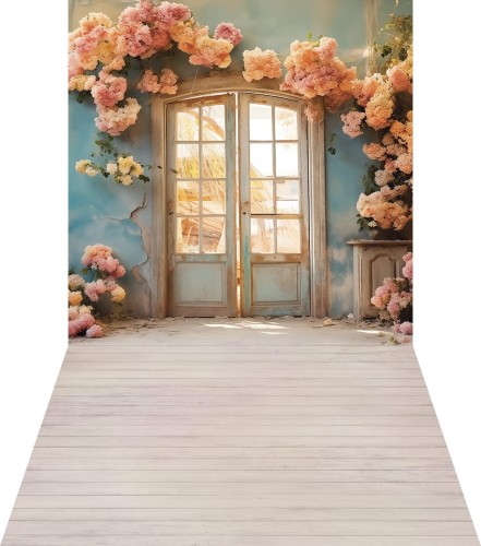 Winylowe tło wiosenne z drzwiami i kwiatami wsn076