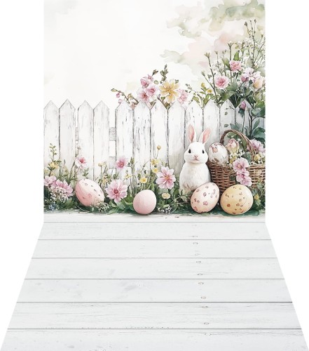 Wielkanocne tło z płotkiem, króliczkiem i pisankami wlkn100