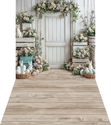 Wielkanocne tło fotograficzne drzwi z pisankami i króliczkami wlkn101