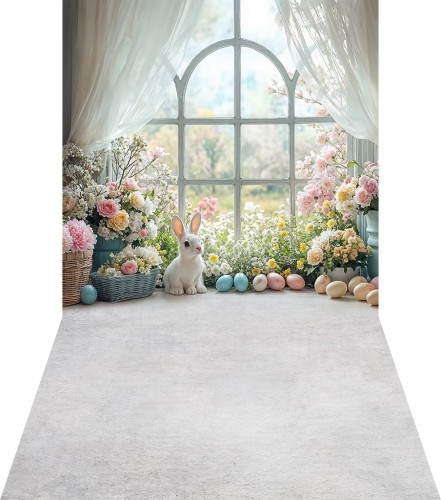 Wielkanocne  tło fotograficzne okno z króliczkami i pisankami wlkn102