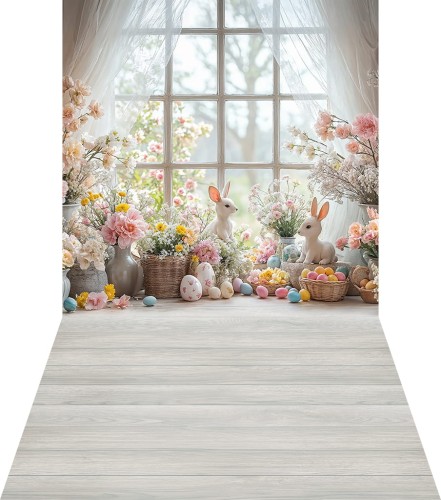 Wielkanocne tło fotograficzne okno z króliczkami i pisankami wlkn104