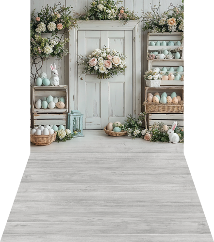 Wielkanocne  tło fotograficzne drzwi z króliczkami i pisankami wlkn105