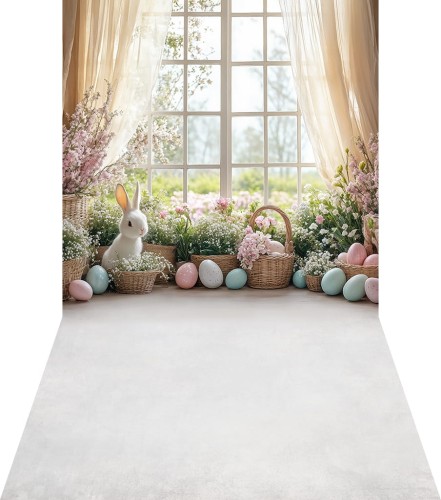Wielkanocne tło fotograficzne okno z króliczkami i pisankami wlkn106