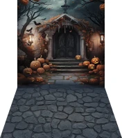 Tło na halloween ze starymi drzwiami i dyniami HA052
