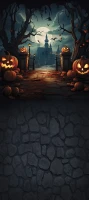 Tło halloweenowe brama do zamczyska z dyniami HA057