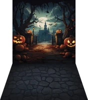 Tło na halloween brama do zamczyska z dyniami HA057