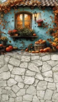 Jesienne tło fotograficzne z turkusowym domkiem – JSN046 250x440.JPG